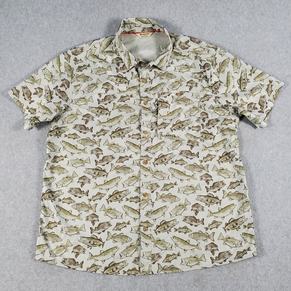 Simms Challenger Fishing Shirt Mens XL Gray Green Bass Fish Print Short Sleeve